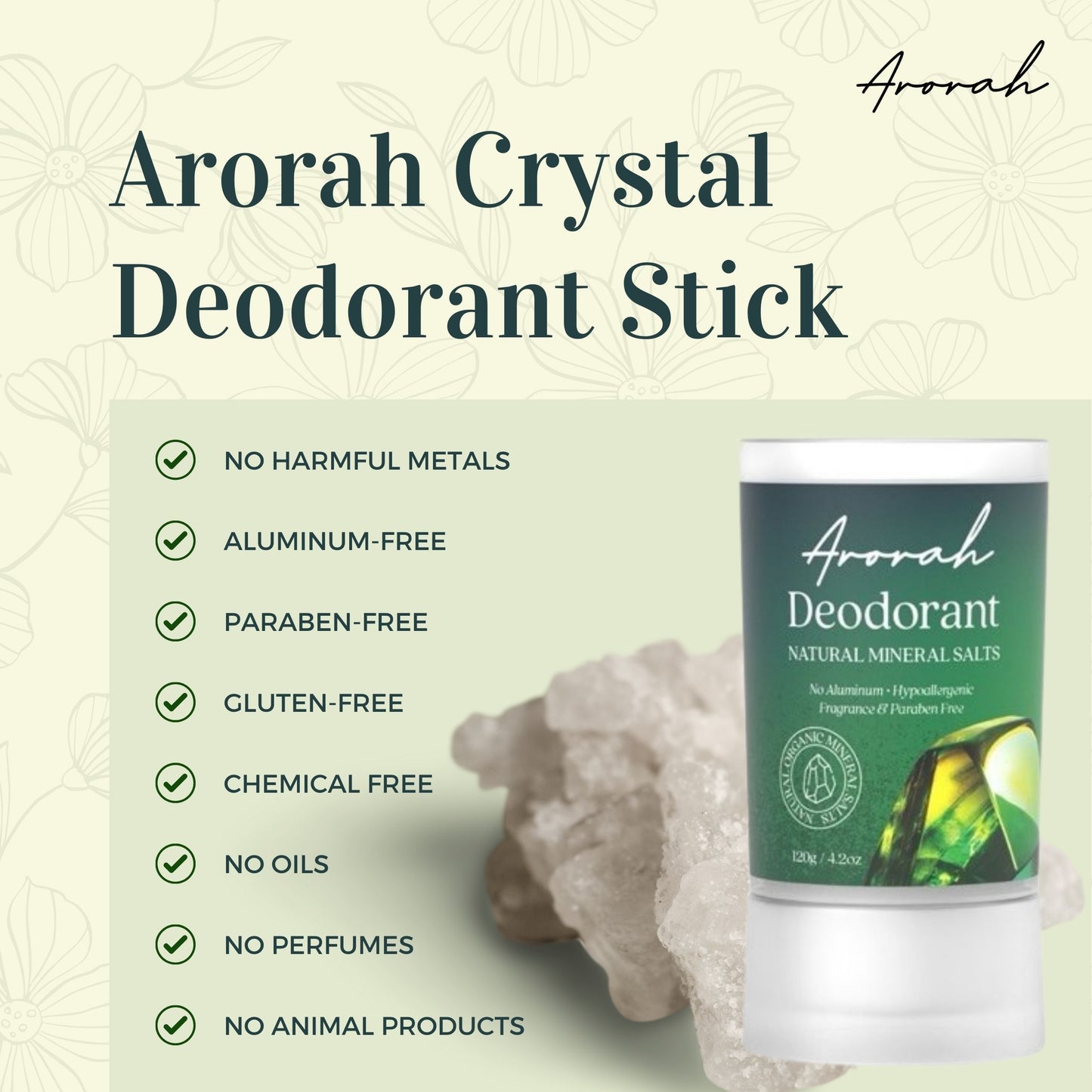 Crystal Deodorant Stick - Natural Mineral Salt Deodorant - Unscented