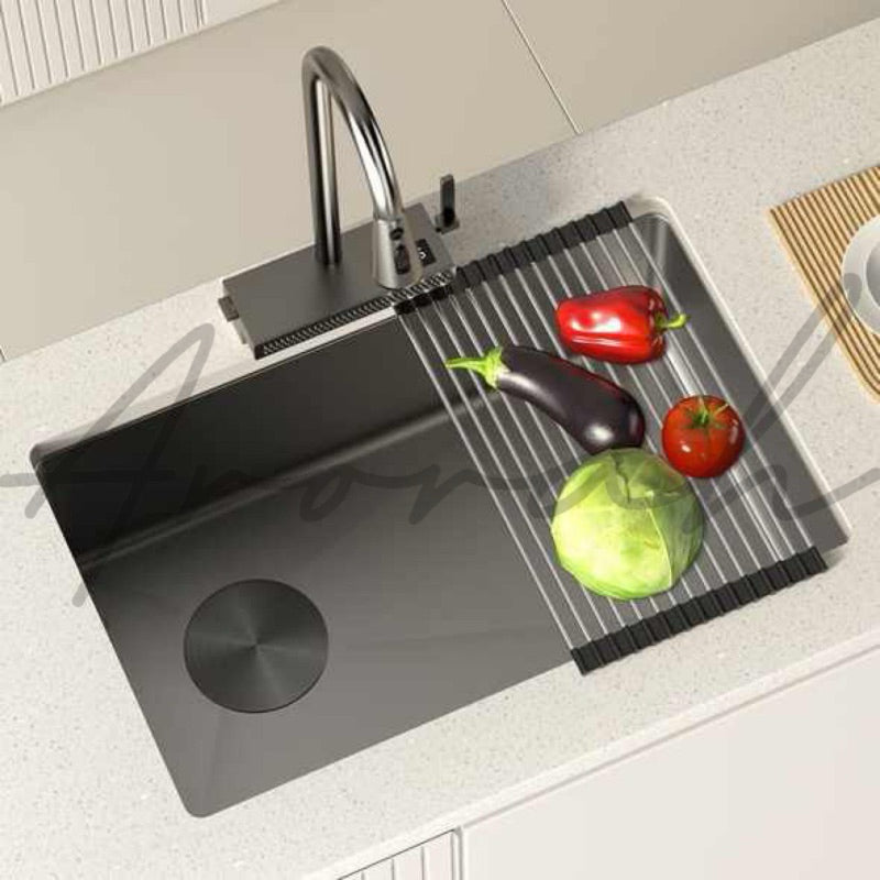 Under Mount Waterfall Kitchen Sink Set With Pull Out Faucet And Temperature Display