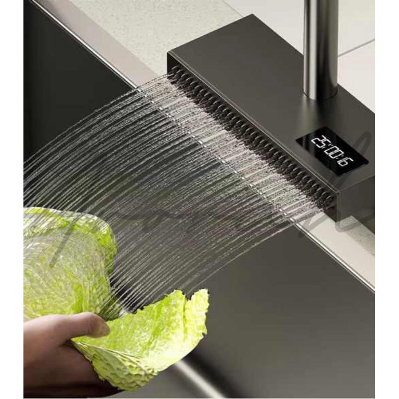 Under Mount Waterfall Kitchen Sink Set With Pull Out Faucet And Temperature Display