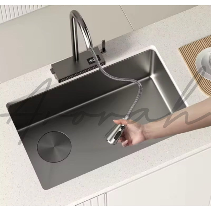 Under Mount Waterfall Kitchen Sink Set With Pull Out Faucet And Temperature Display