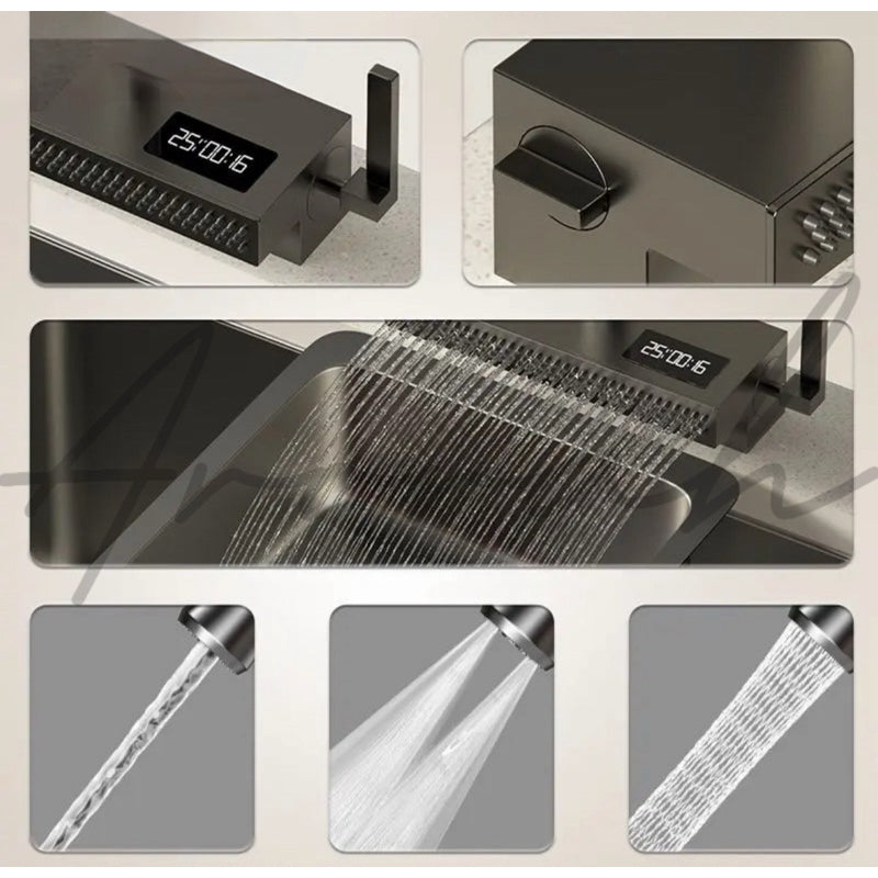 Under Mount Waterfall Kitchen Sink Set With Pull Out Faucet And Temperature Display