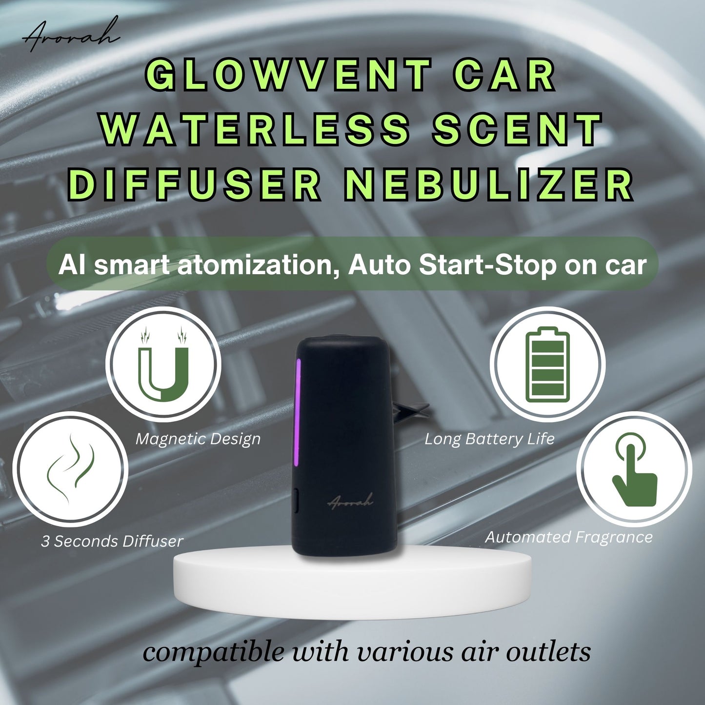 Glow Vent Car Nebulizer Ultrasonic Waterless Essential Oil Diffuser